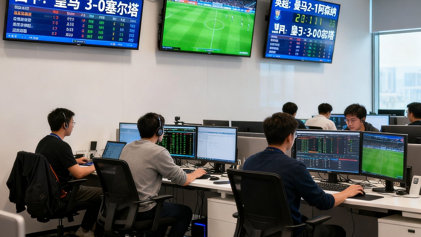 天下足球网北京总部办公室内景，技术团队和编辑团队在开放式办公区协作，墙上悬挂着多块实时数据监控屏幕，显示全球各大联赛的比分和数据流。